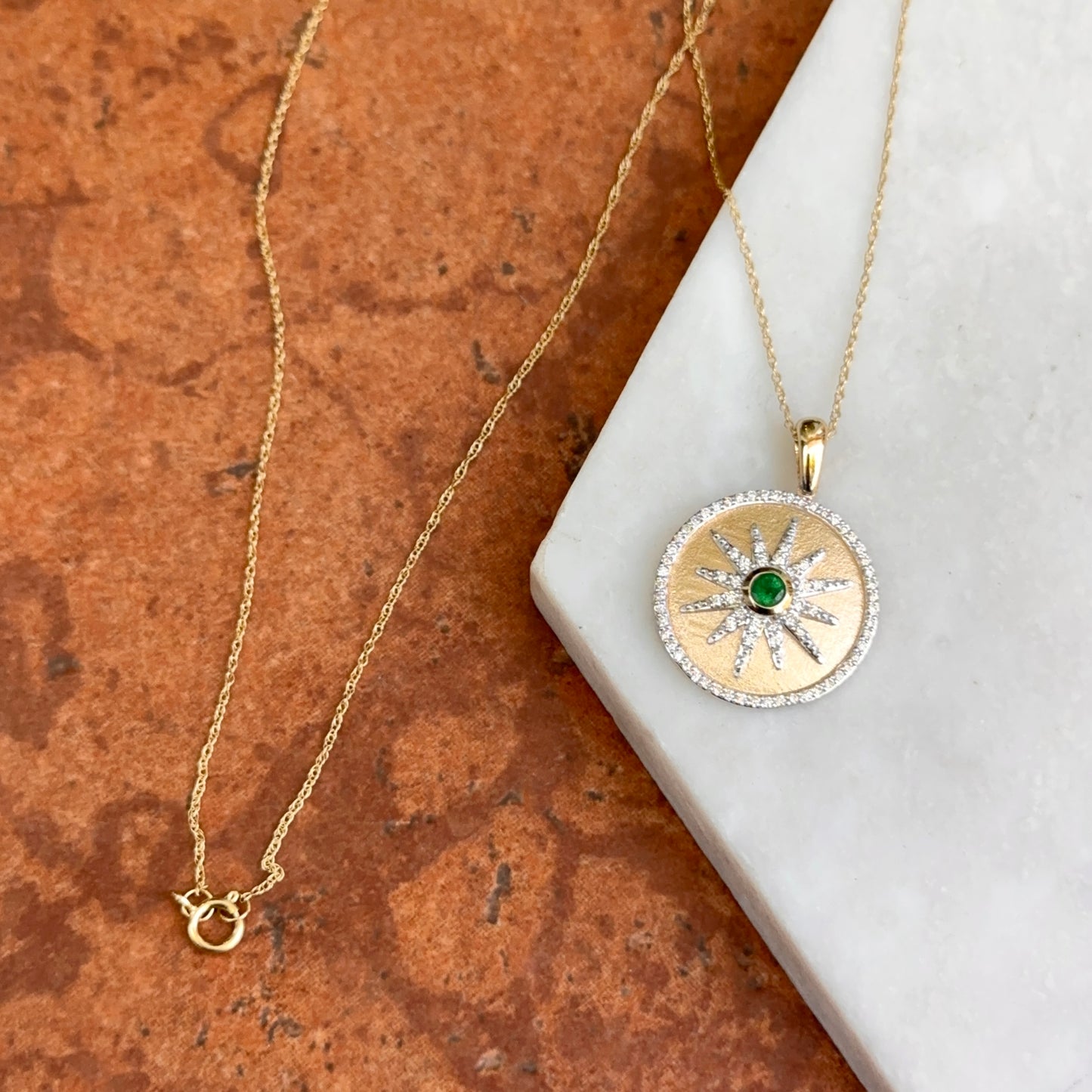 14KT Yellow Gold Emerald + Diamond Starburst Disc Necklace