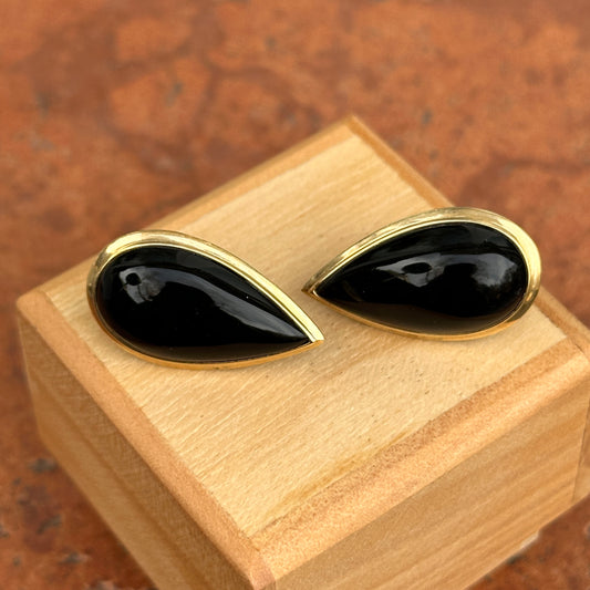 Estate 14KT Yellow Gold Teardrop Bezel Black Onyx Omega Earrings