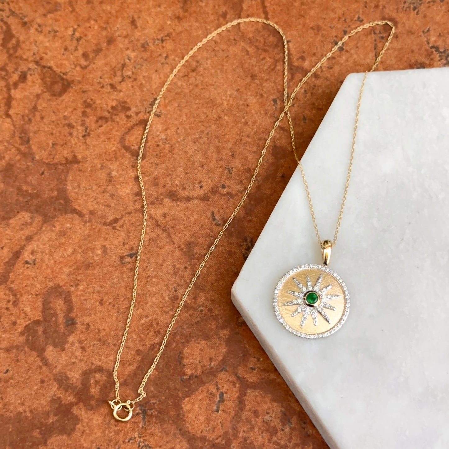 14KT Yellow Gold Emerald + Diamond Starburst Disc Necklace