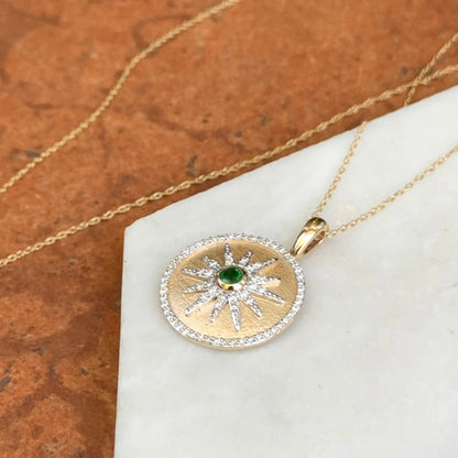 14KT Yellow Gold Emerald + Diamond Starburst Disc Necklace
