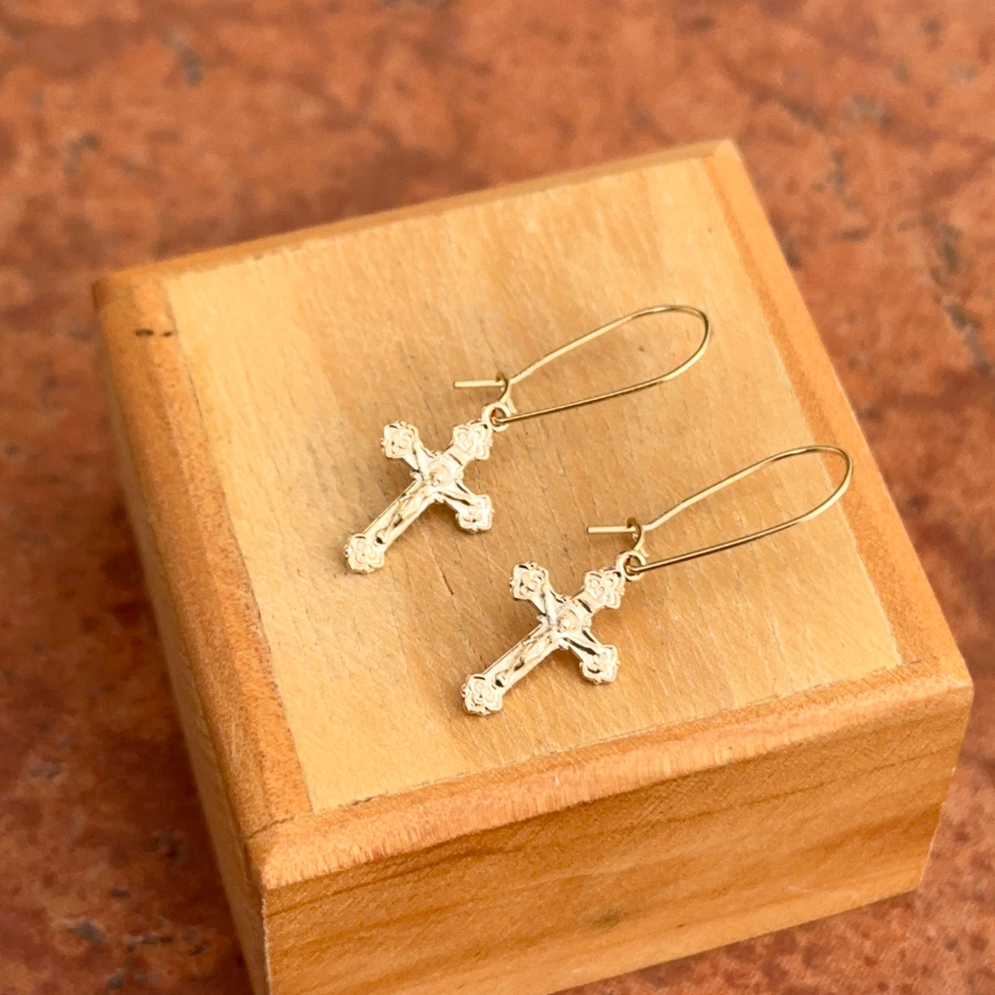 14KT Yellow Gold Polished Crucifix Cross Charm Wire Earrings - LSJ