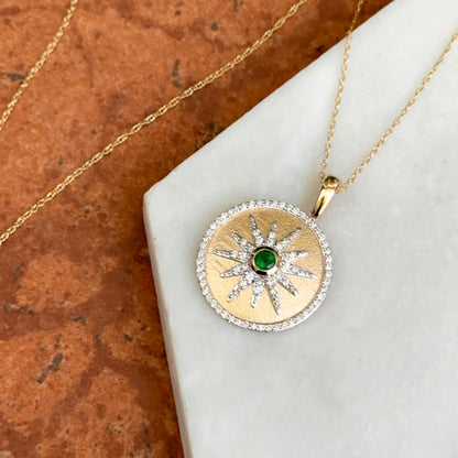 14KT Yellow Gold Emerald + Diamond Starburst Disc Necklace