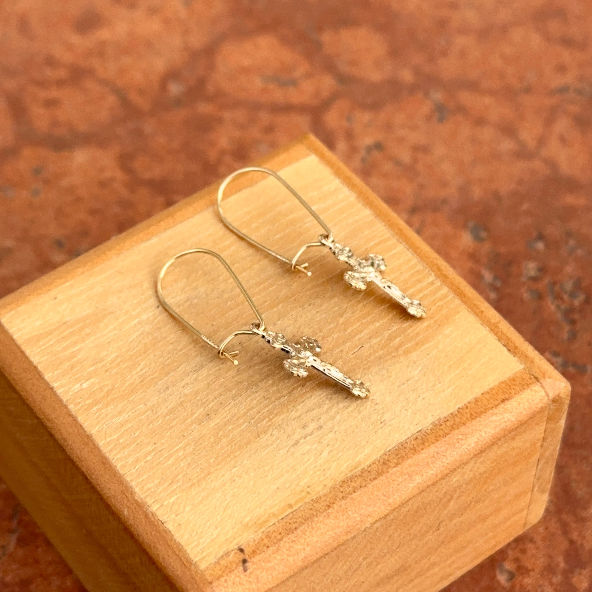 14KT Yellow Gold Polished Crucifix Cross Charm Wire Earrings - LSJ