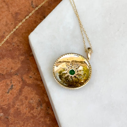 14KT Yellow Gold Emerald + Diamond Starburst Disc Necklace