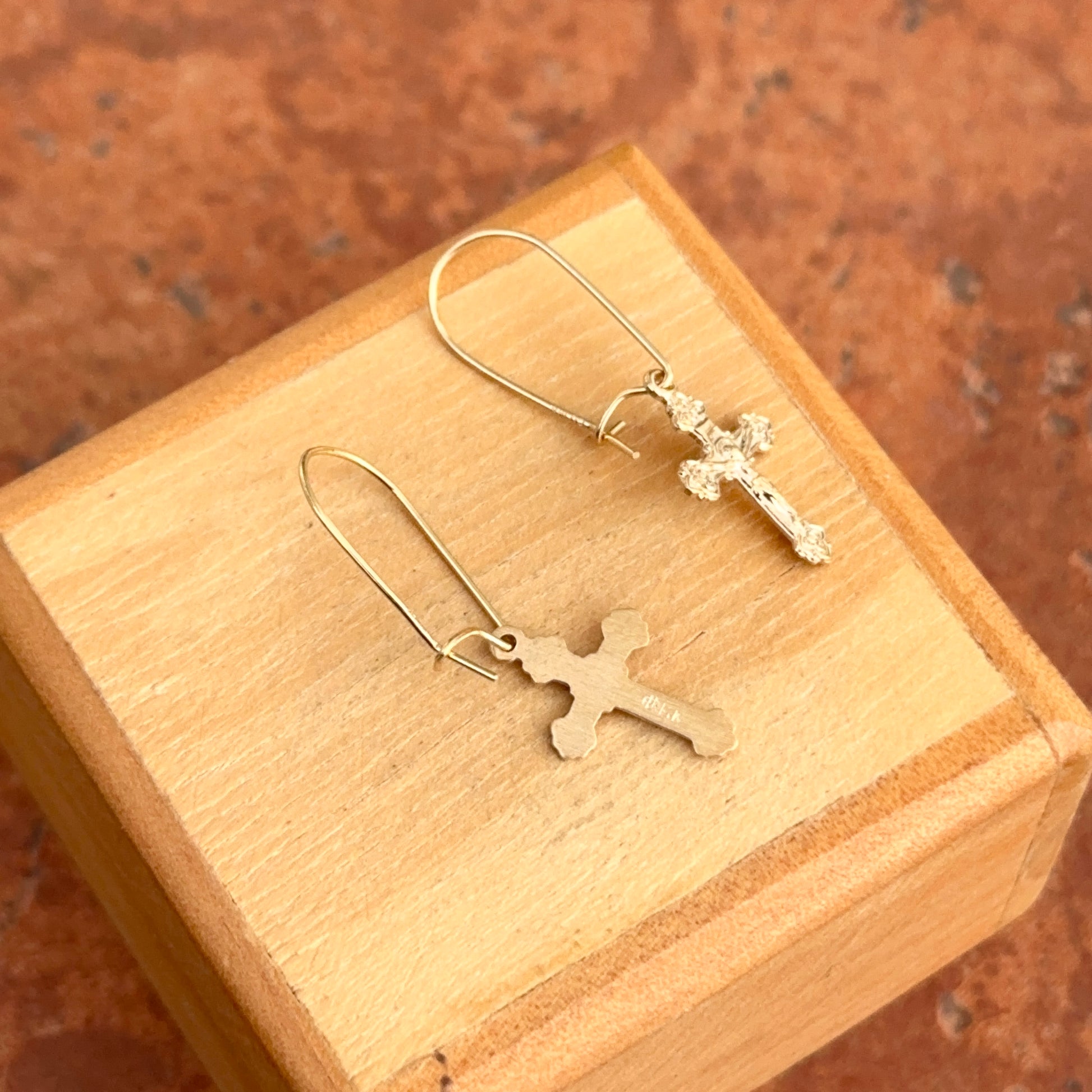 14KT Yellow Gold Polished Crucifix Cross Charm Wire Earrings - LSJ
