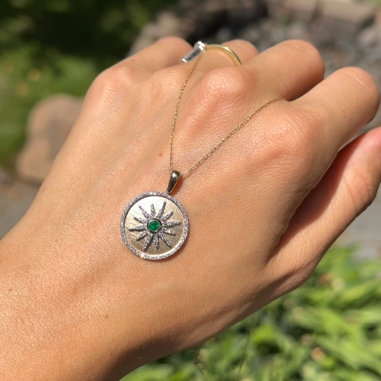 14KT Yellow Gold Emerald + Diamond Starburst Disc Necklace