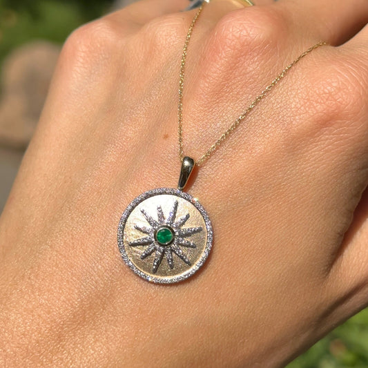 14KT Yellow Gold Emerald + Diamond Starburst Disc Necklace