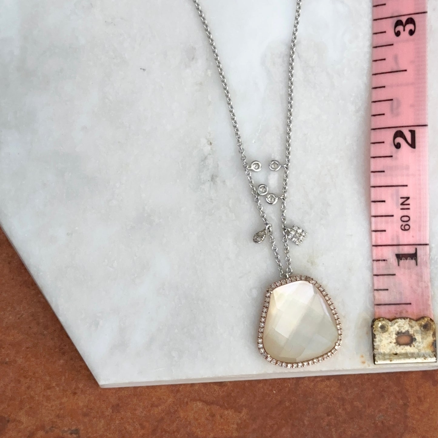 Estate Meira T 14KT Rose + White Gold Rose Quartz Diamond Station Necklace