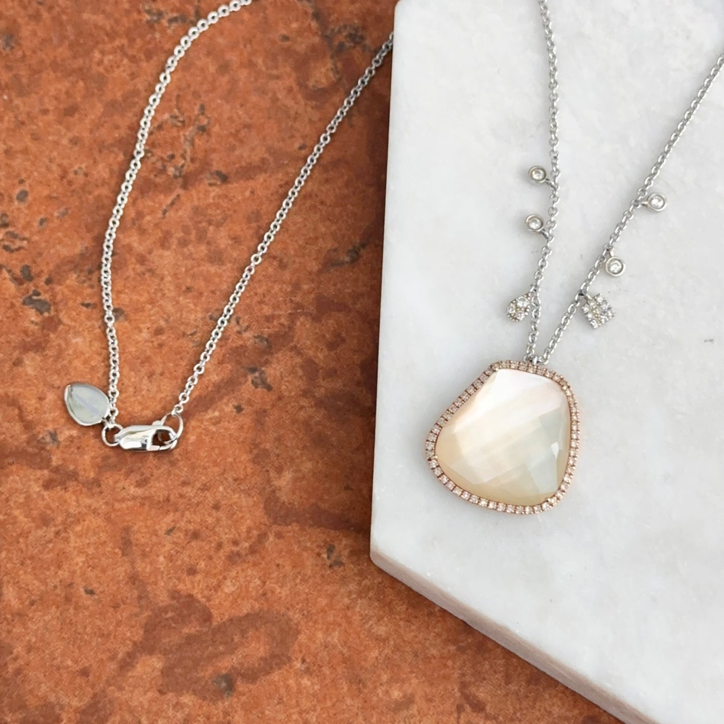 Estate Meira T 14KT Rose + White Gold Rose Quartz Diamond Station Necklace