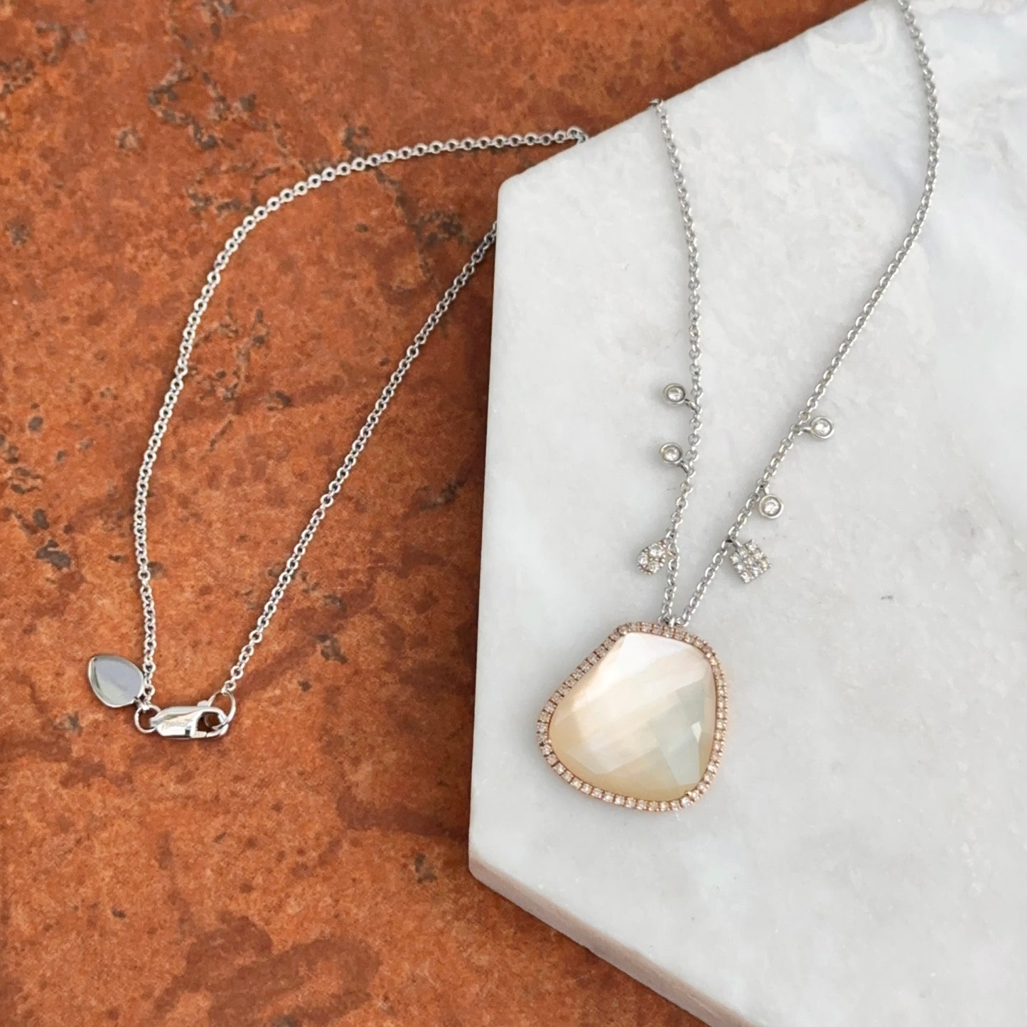 Estate Meira T 14KT Rose + White Gold Rose Quartz Diamond Station Necklace