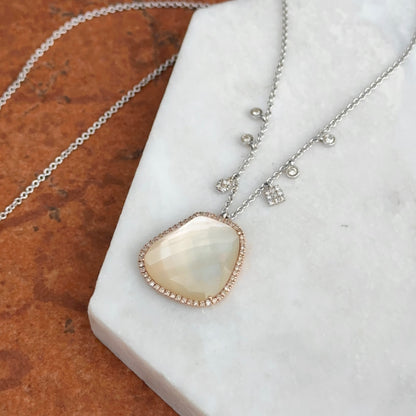 Estate Meira T 14KT Rose + White Gold Rose Quartz Diamond Station Necklace