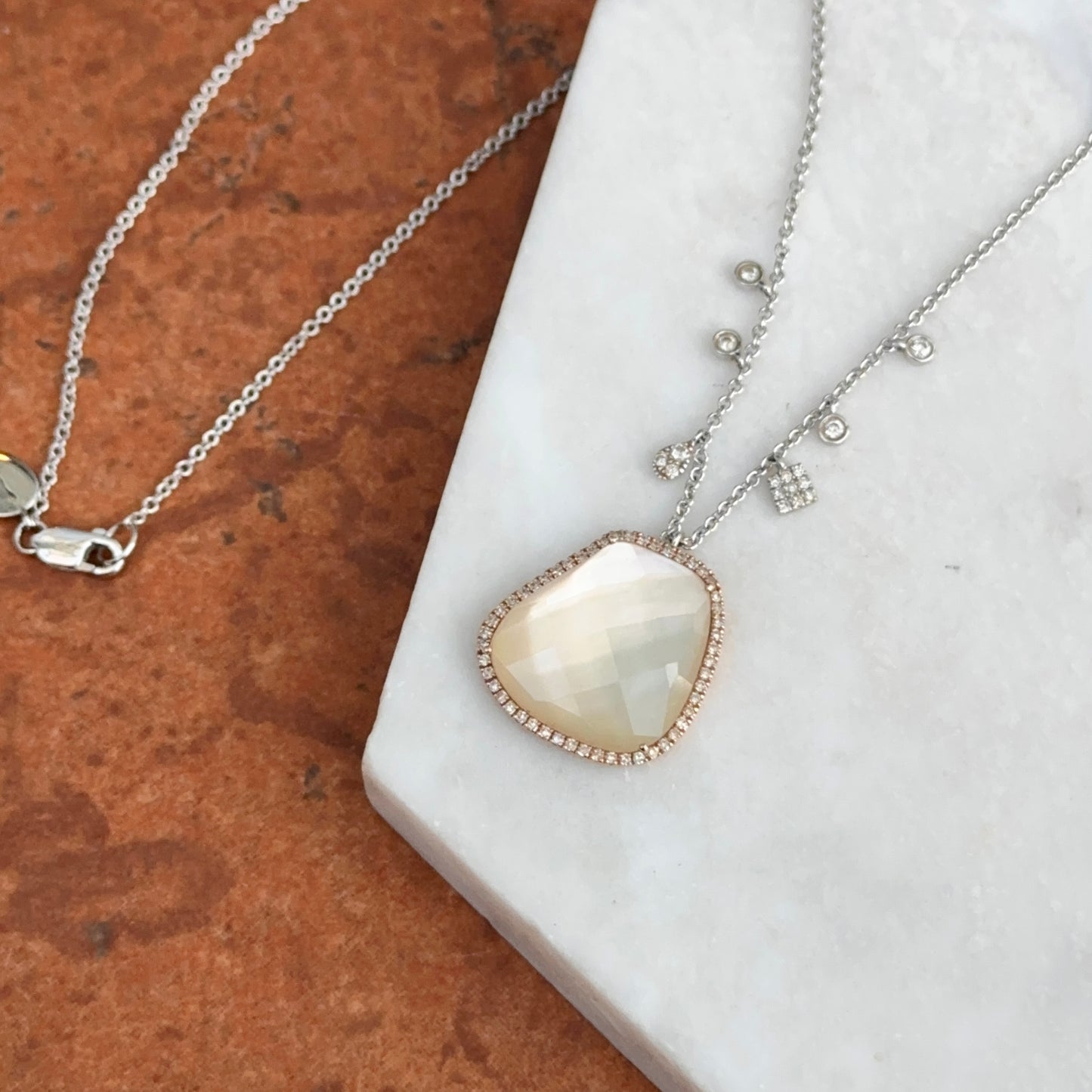 Estate Meira T 14KT Rose + White Gold Rose Quartz Diamond Station Necklace