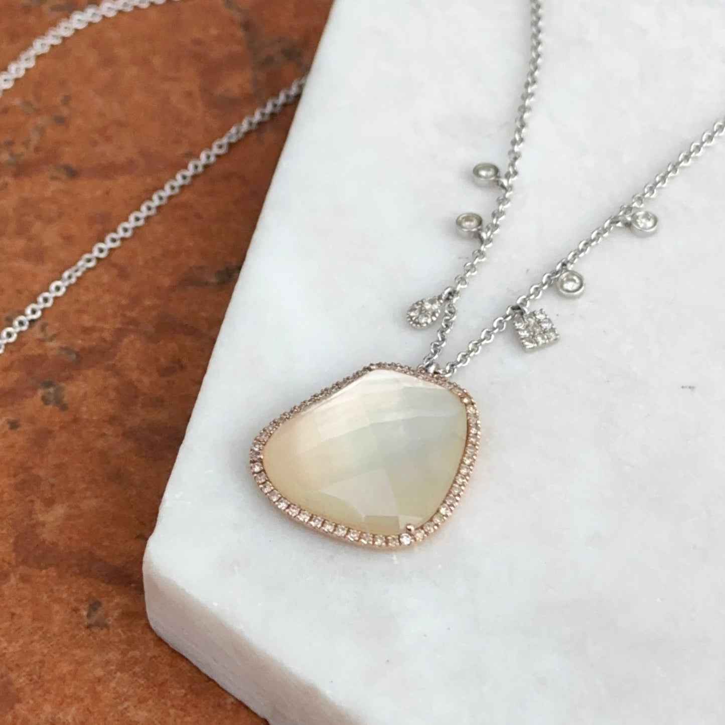 Estate Meira T 14KT Rose + White Gold Rose Quartz Diamond Station Necklace