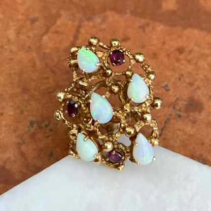 Estate 14KT Yellow Gold Opal + Garnet Cluster Ring
