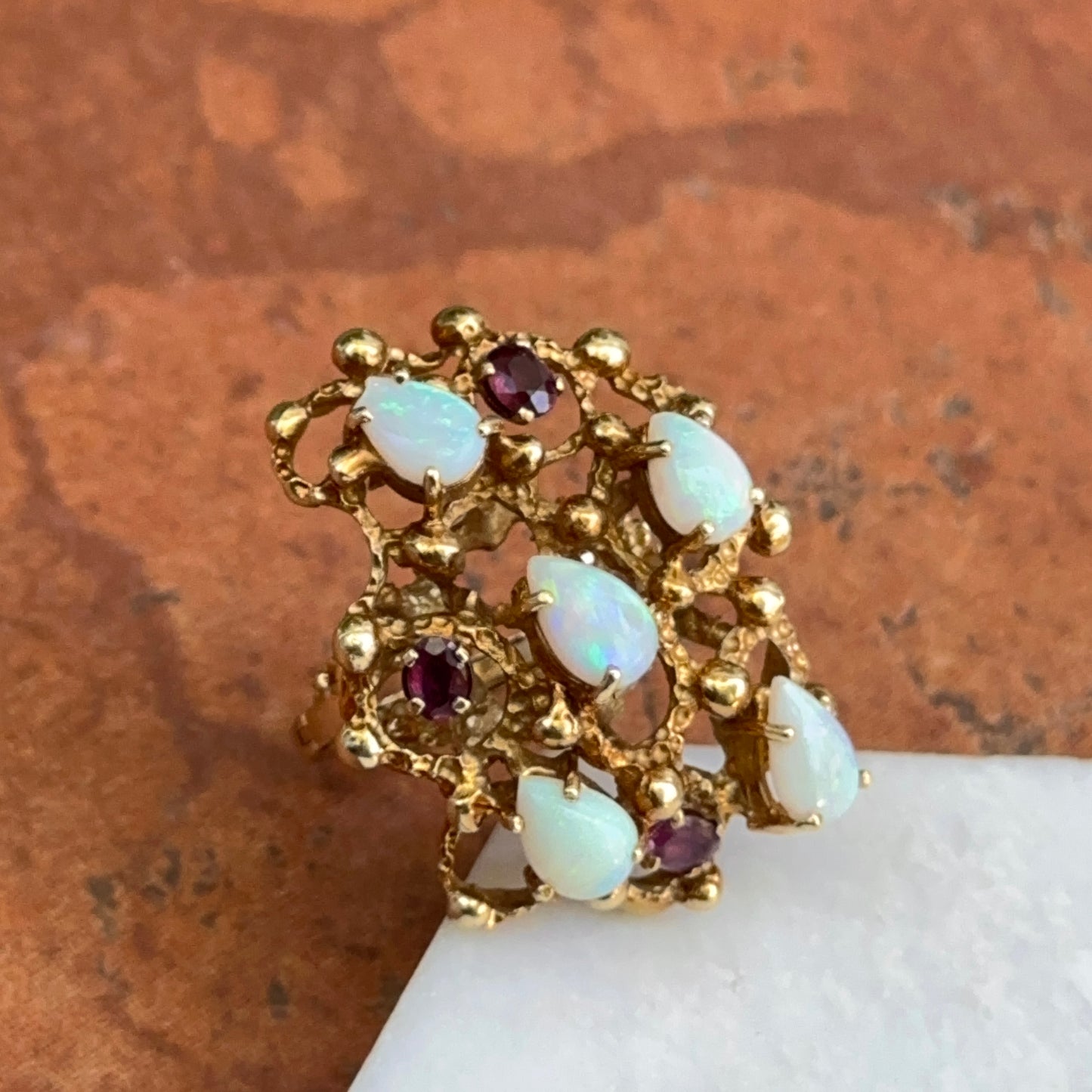 Estate 14KT Yellow Gold Opal + Garnet Cluster Ring