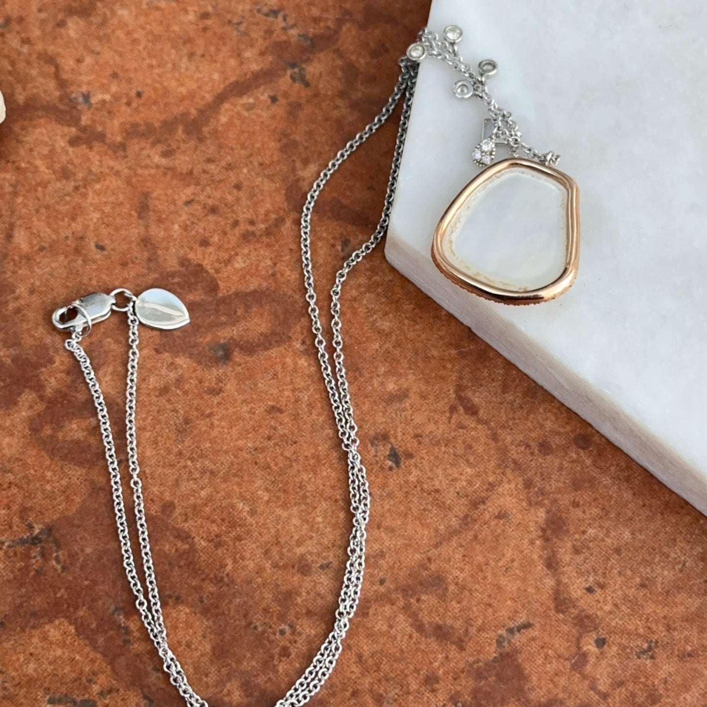 Estate Meira T 14KT Rose + White Gold Rose Quartz Diamond Station Necklace