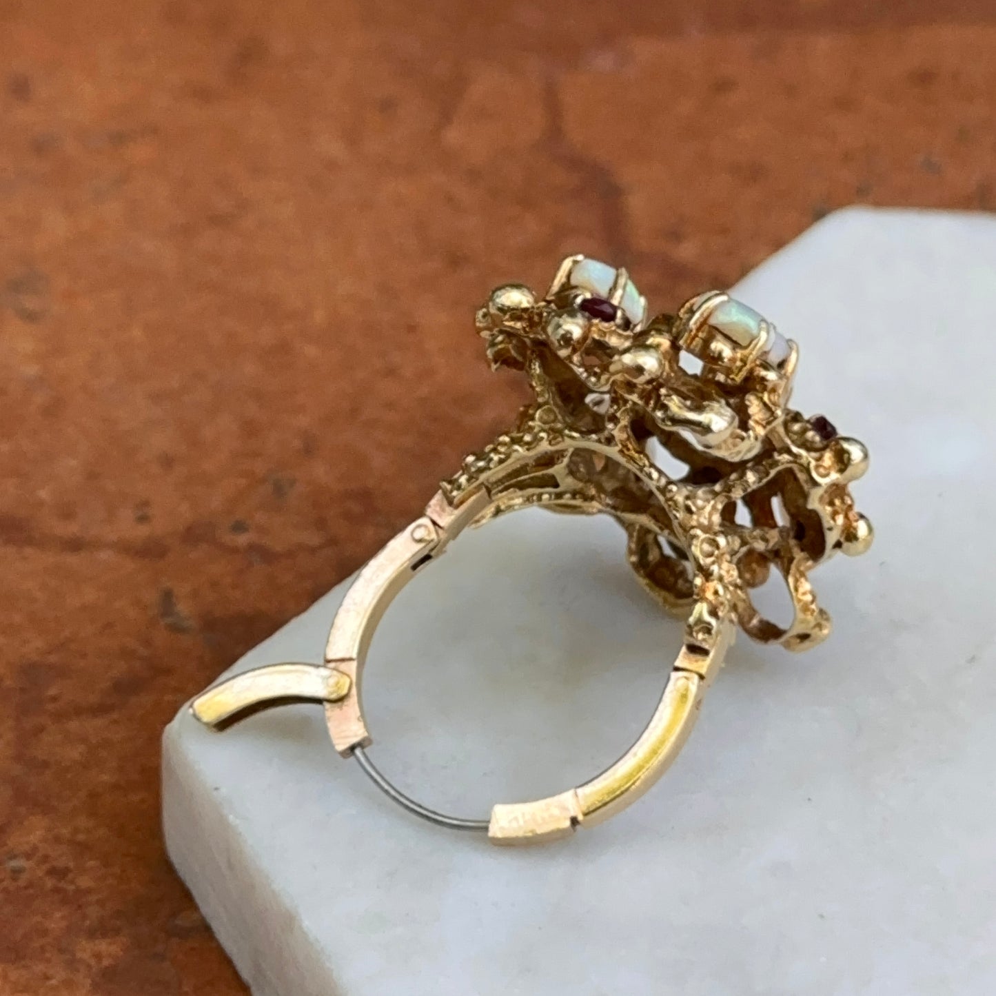 Estate 14KT Yellow Gold Opal + Garnet Cluster Ring