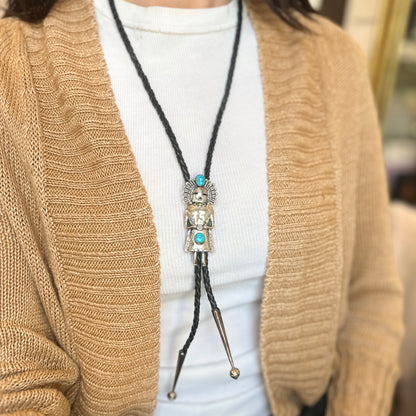 Native American Kachina Sterling Silver Turquoise Bolo Tie Necklace