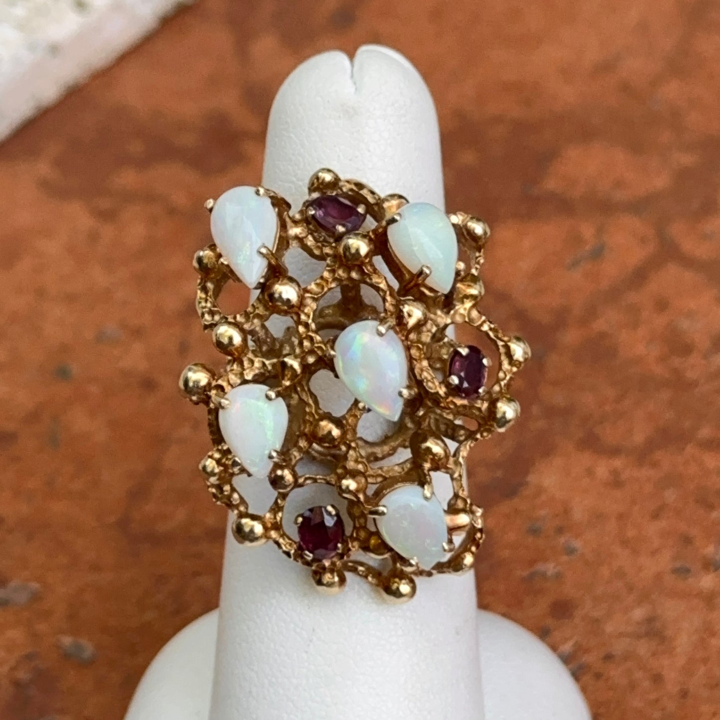 Estate 14KT Yellow Gold Opal + Garnet Cluster Ring