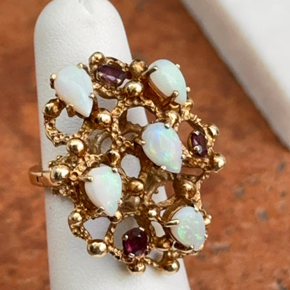 Estate 14KT Yellow Gold Opal + Garnet Cluster Ring