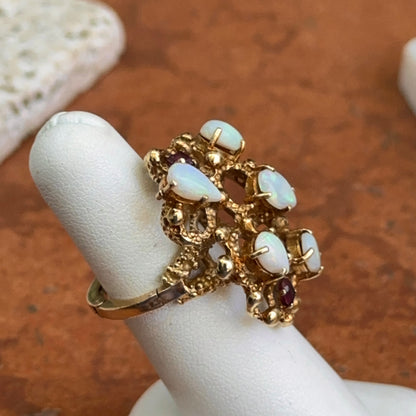 Estate 14KT Yellow Gold Opal + Garnet Cluster Ring