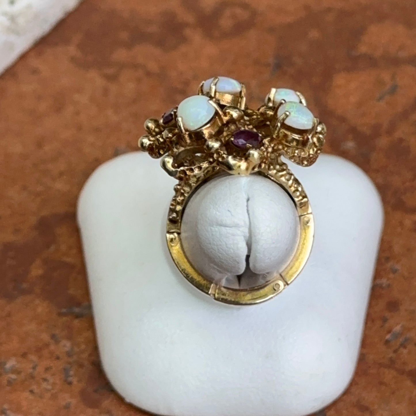 Estate 14KT Yellow Gold Opal + Garnet Cluster Ring