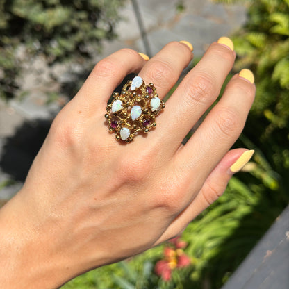 Estate 14KT Yellow Gold Opal + Garnet Cluster Ring