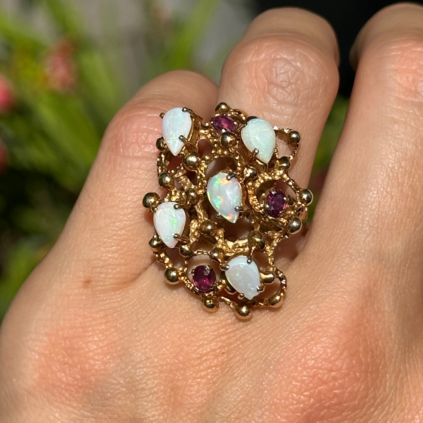 Estate 14KT Yellow Gold Opal + Garnet Cluster Ring