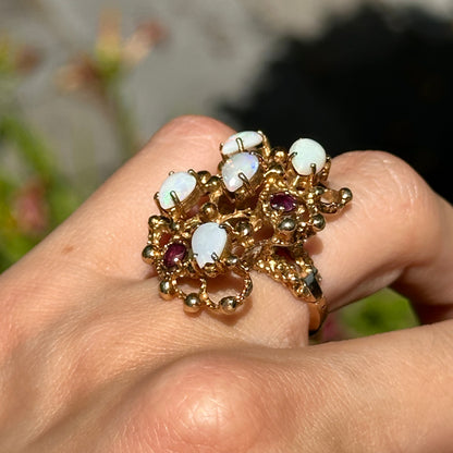 Estate 14KT Yellow Gold Opal + Garnet Cluster Ring