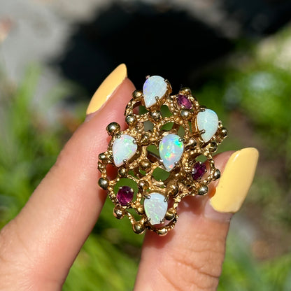Estate 14KT Yellow Gold Opal + Garnet Cluster Ring