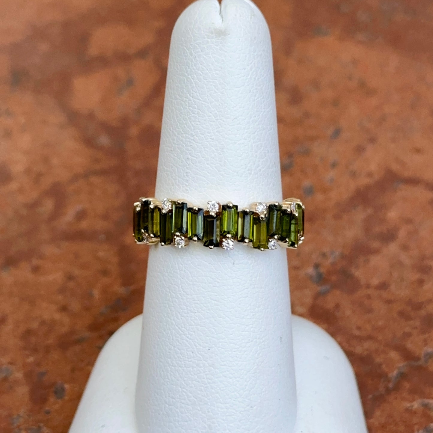 Estate 18KT Yellow Gold Baguette Green Tourmaline + Diamond Band Ring