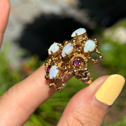 Estate 14KT Yellow Gold Opal + Garnet Cluster Ring