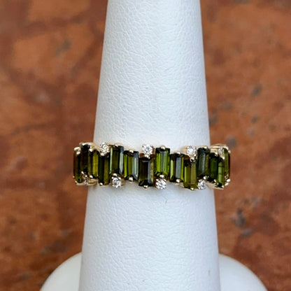 Estate 18KT Yellow Gold Baguette Green Tourmaline + Diamond Band Ring