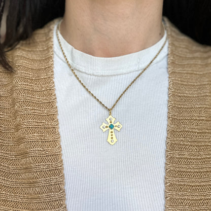 14KT Yellow Gold Matte Turquoise + Diamond Cross Pendant