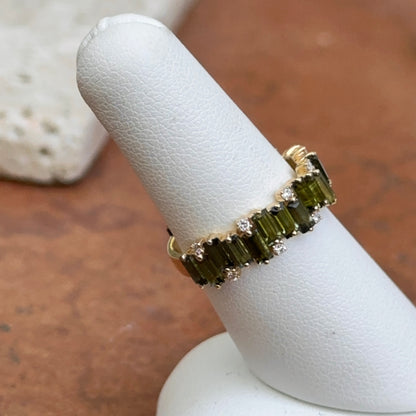 Estate 18KT Yellow Gold Baguette Green Tourmaline + Diamond Band Ring