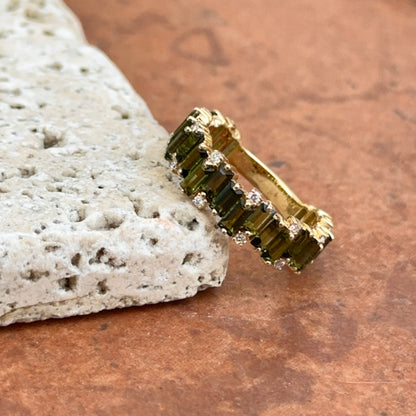 Estate 18KT Yellow Gold Baguette Green Tourmaline + Diamond Band Ring