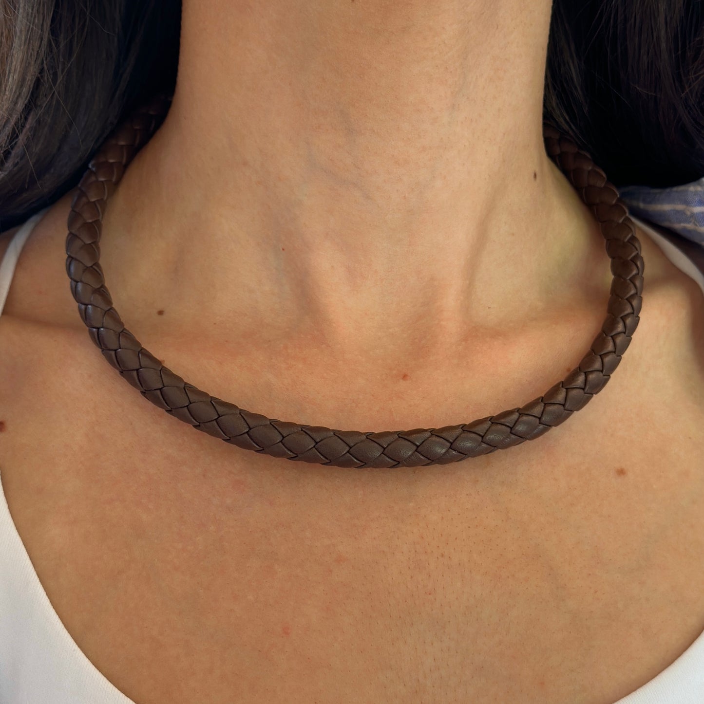 Stainless Steel 10mm Dark Brown Braided Leather Necklace