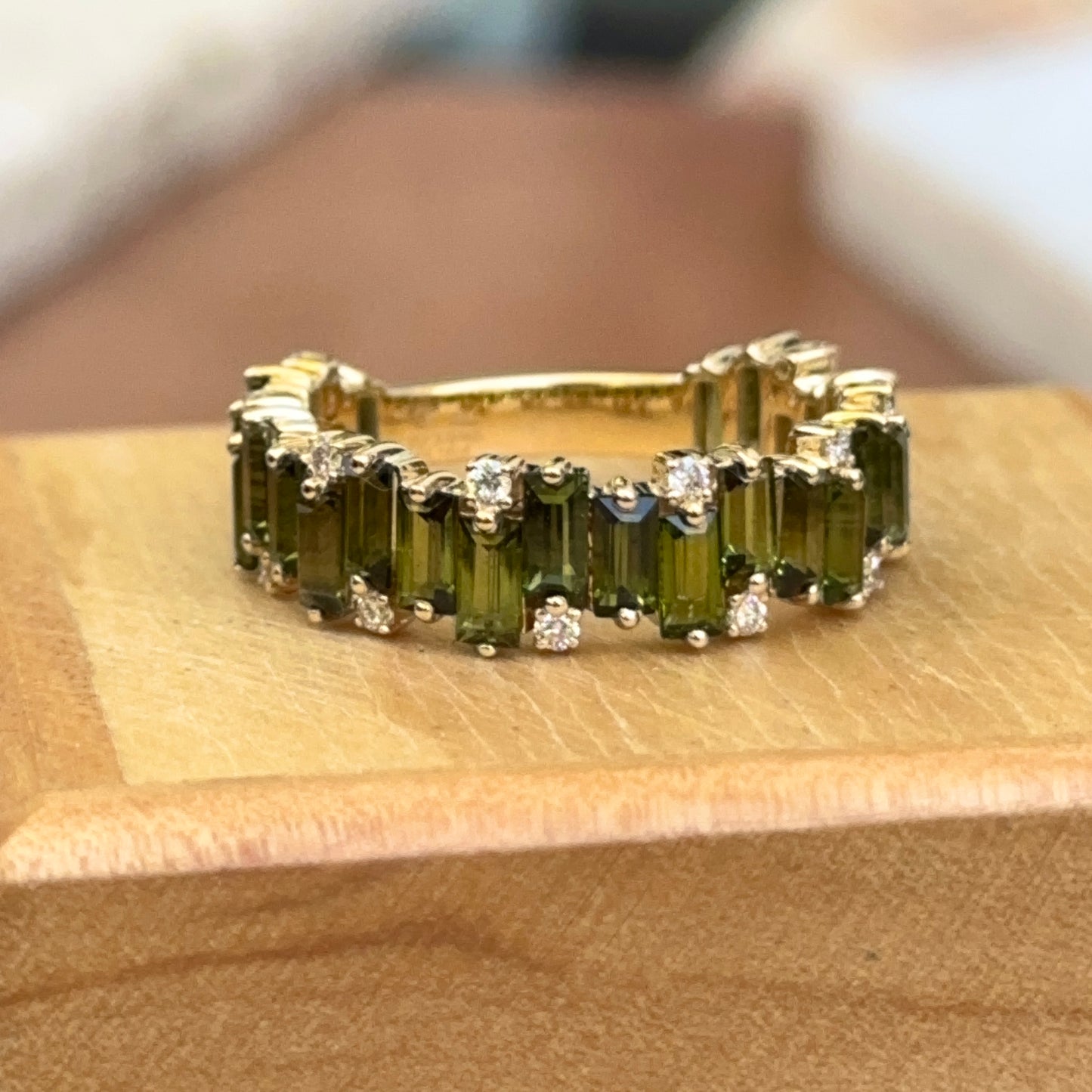 Estate 18KT Yellow Gold Baguette Green Tourmaline + Diamond Band Ring