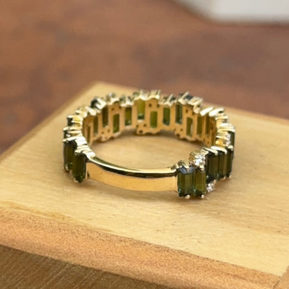 Estate 18KT Yellow Gold Baguette Green Tourmaline + Diamond Band Ring