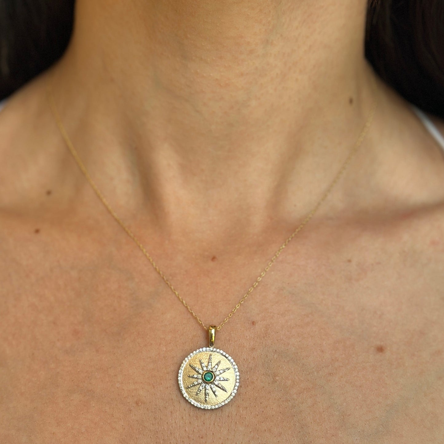 14KT Yellow Gold Emerald + Diamond Starburst Disc Necklace