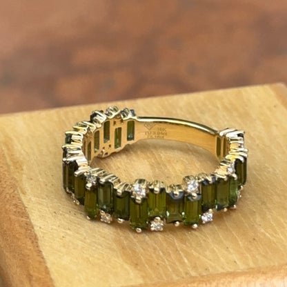 Estate 18KT Yellow Gold Baguette Green Tourmaline + Diamond Band Ring