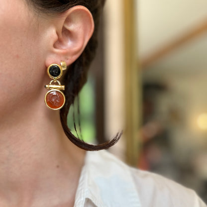 Estate Gold Tone Earrings + Replica Roman Intalio Carnelian and Black Onyx Coin