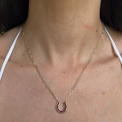 14KT Yellow Gold 14mm Ruby Horseshoe Necklace - LSJ