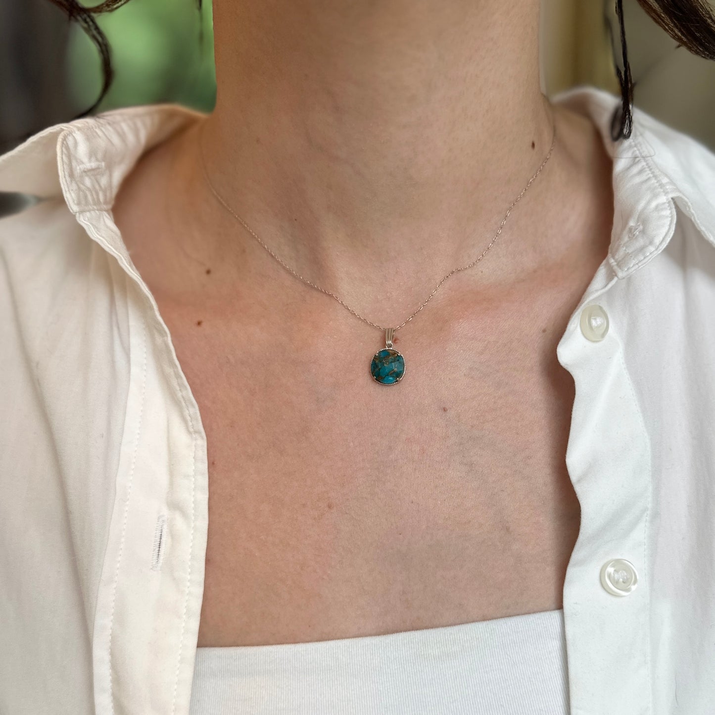 Sterling Silver Round Cabochon Turquoise Twisted Bezel Pendant
