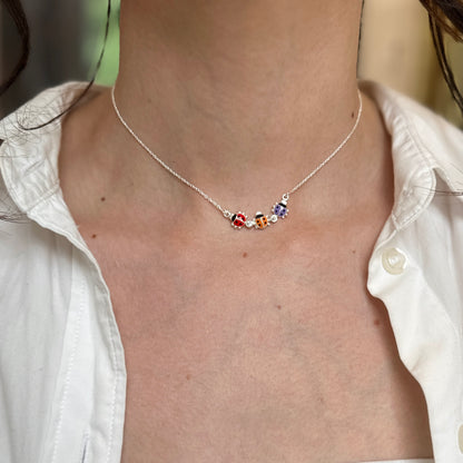 Sterling Silver Red, Orange, Purple Mini Enamel Ladybugs + CZ Necklace 14''