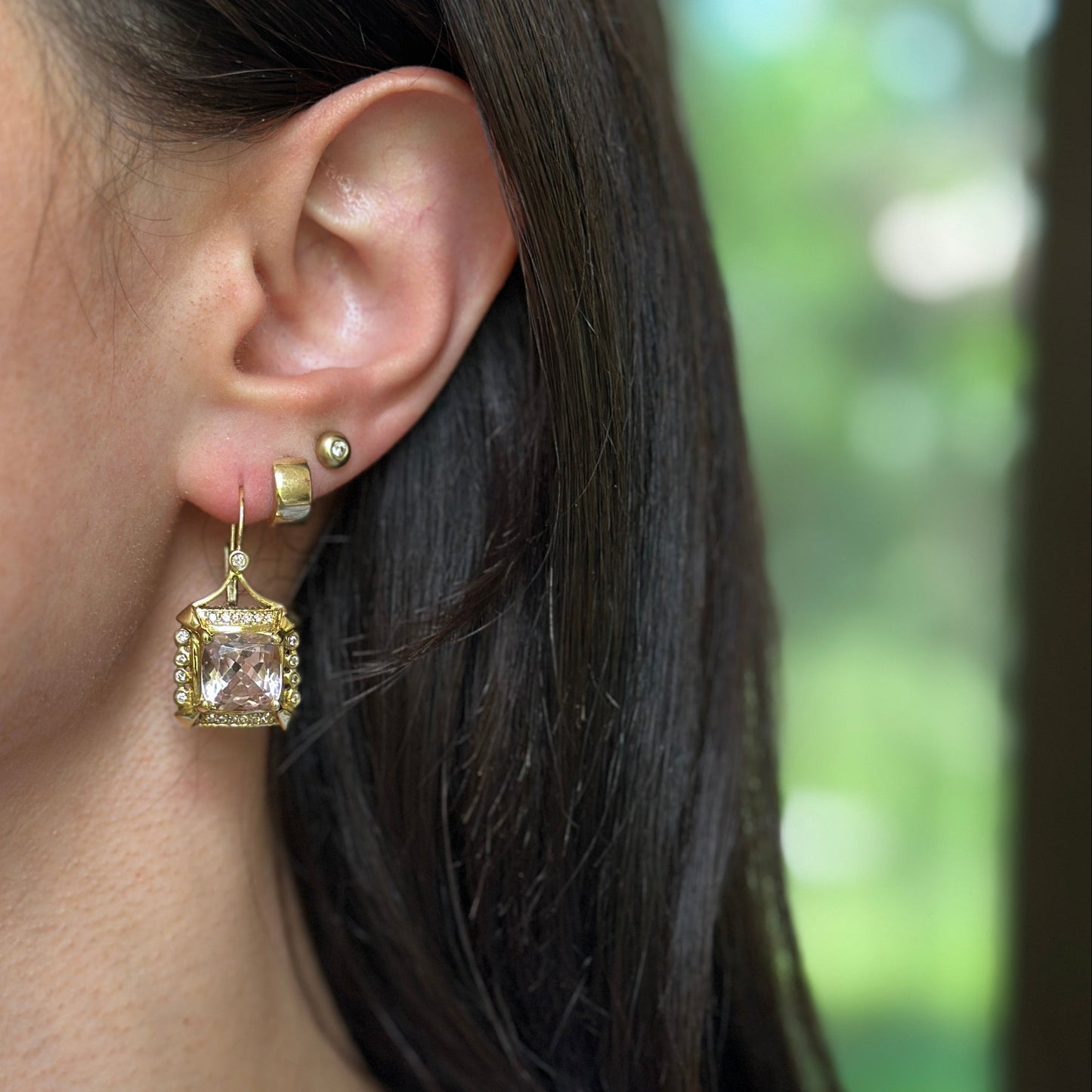 Estate 18KT Yellow Gold Cushion Kunzite + Diamond Drop Earrings