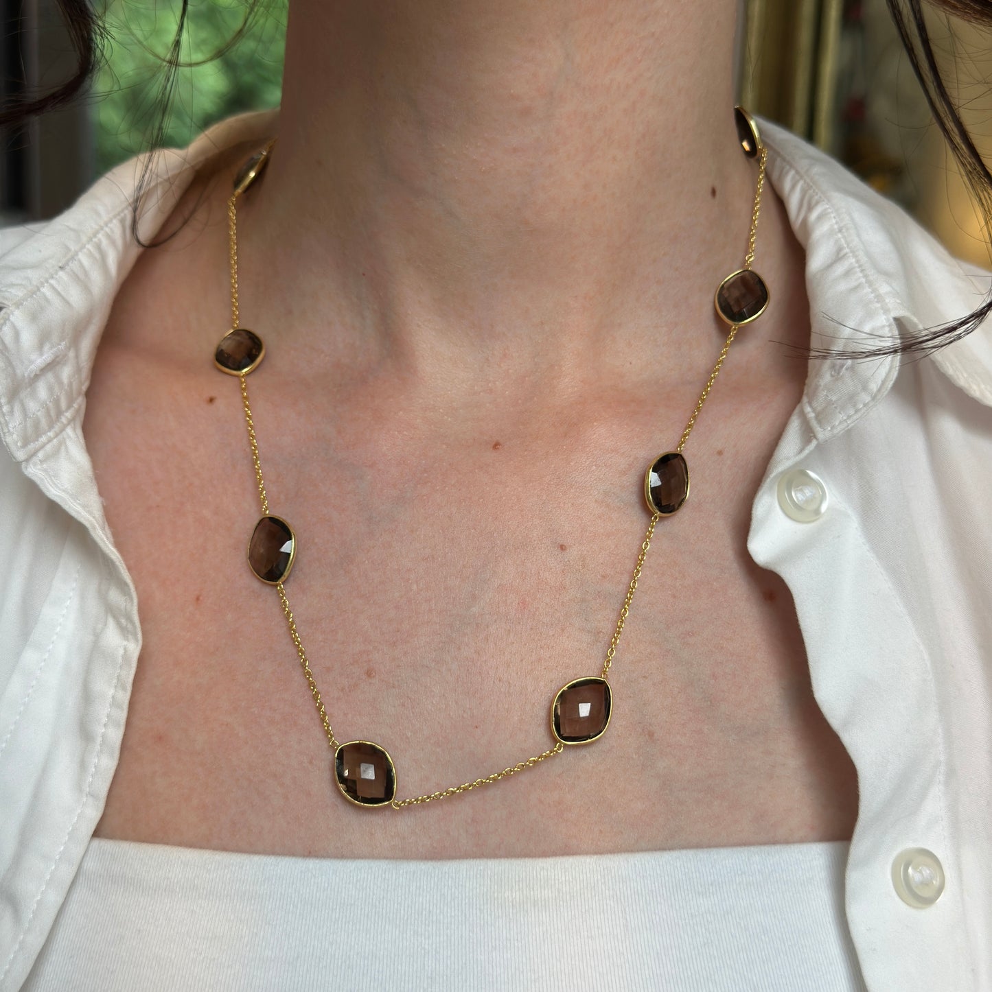 Sterling Silver Yellow Gold-Plated Smokey Quartz Station Cable Necklace 21''