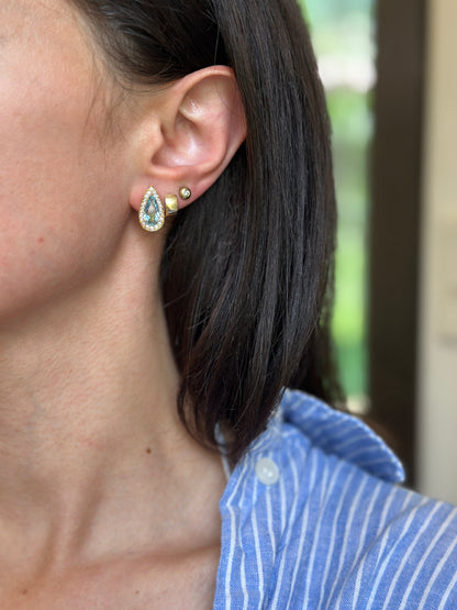 Estate 18KT Yellow Gold Pear Aquamarine + Diamond Halo Earrings