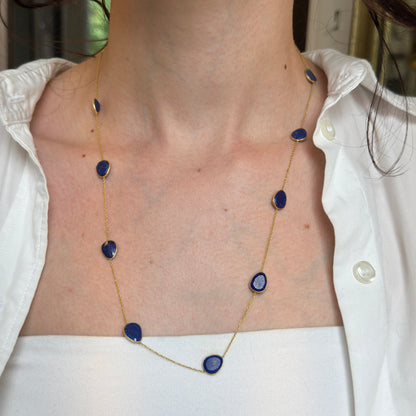 18KT Yellow Gold Bezel Set Lapis Station Necklace