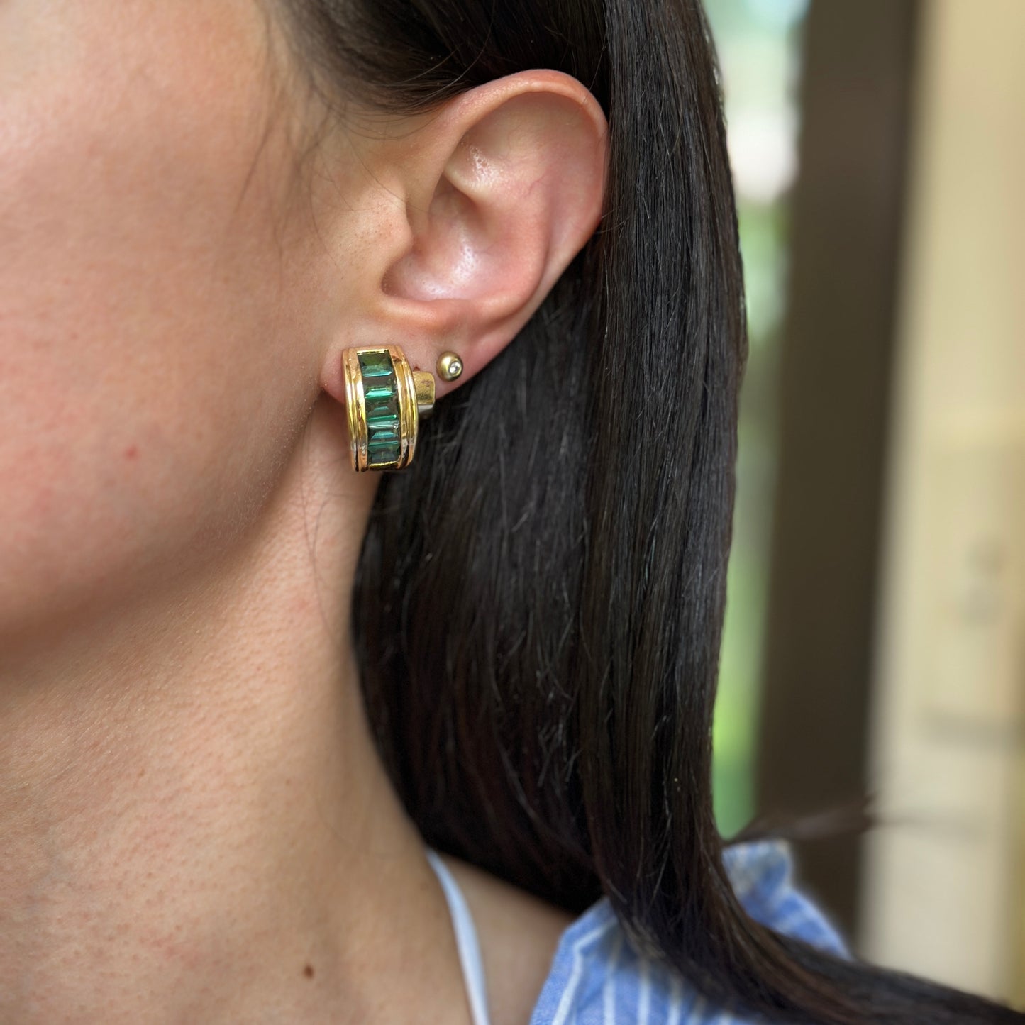 Estate 14KT Yellow Gold Emerald-Cut Green Tourmaline Half-Hoop Earrings
